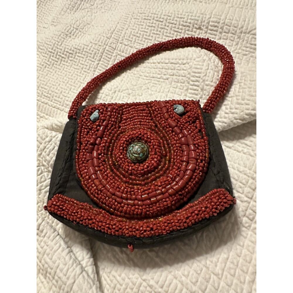 Vintage‎ SUDHA Hand Beaded Red Coral Purse Bag ~ Turquoise Red